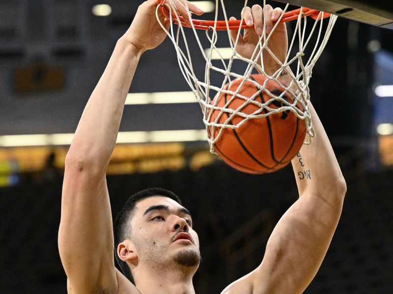 Jan 20, 2024; Iowa City, Iowa, USA; Purdue Boilermakers center Zach Edey (15) warms up before the game against the Iowa Hawkeyes at Carver-Hawkeye Arena. Mandatory Credit: Jeffrey Becker-USA TODAY Sports