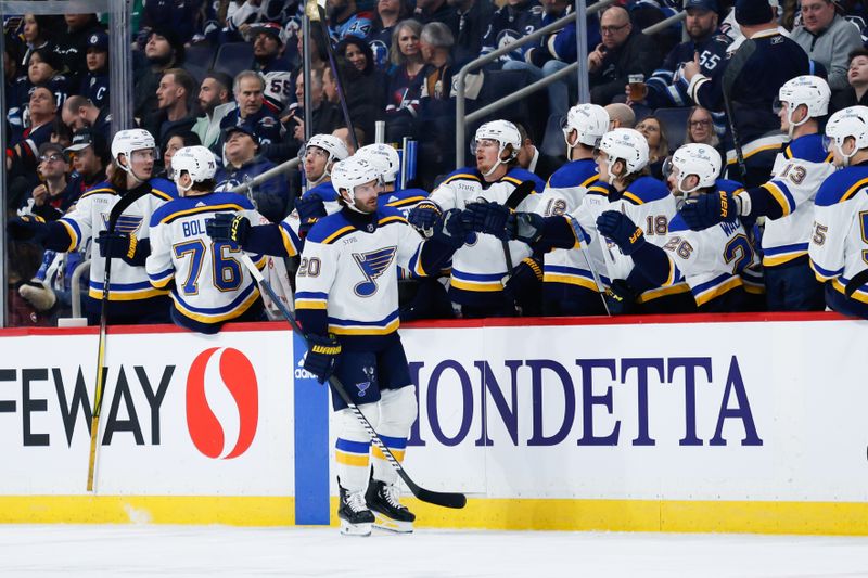 Feb 27, 2024; Winnipeg, Manitoba, CAN; St. Louis Blues forward Brandon Saad (20) is congratulated by his team mates on his goal against the Winnipeg Jets during the second period at Canada Life Centre. Mandatory Credit: Terrence Lee-USA TODAY Sports