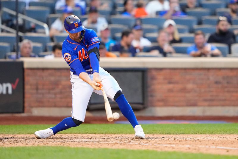 Sep 14, 2023; New York City, New York, USA; New York Mets third baseman Mark Vientos (27) hits a single against the Arizona Diamondbacks during the eighth inning at Citi Field. Mandatory Credit: Gregory Fisher-USA TODAY Sports