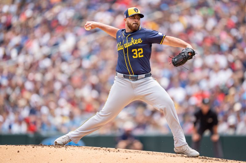 Jul 21, 2024; Minneapolis, Minnesota, USA; Milwaukee Brewers pitcher Aaron Civale (32) throws in the second inning at Target Field. Mandatory Credit: Matt Blewett-USA TODAY Sports