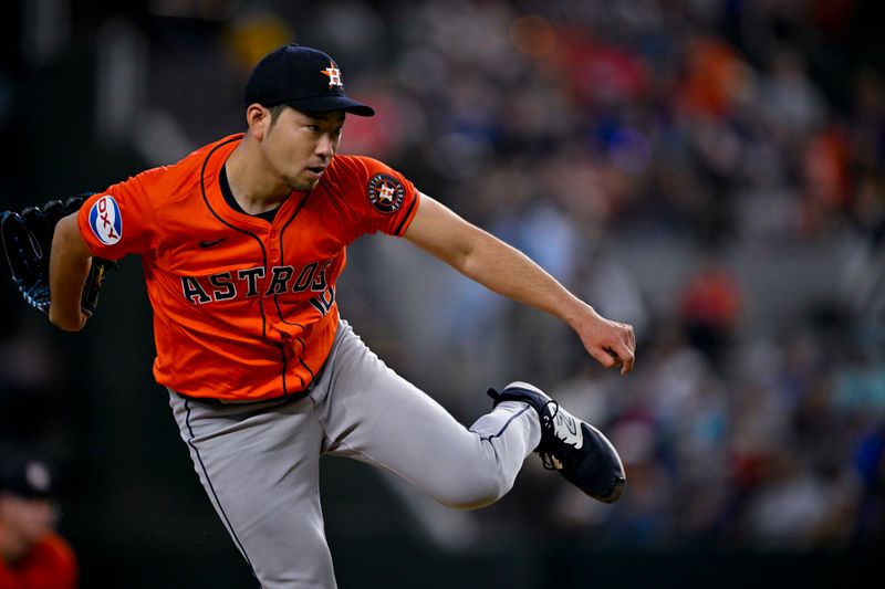 Aug 7, 2024; Arlington, Texas, USA;  Houston Astros starting pitcher Yusei Kikuchi (16) pitches against the Texas Rangers during the fourth inning at Globe Life Field. Mandatory Credit: Jerome Miron-USA TODAY Sports