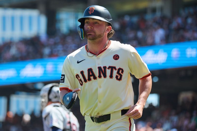 Aug 10, 2024; San Francisco, California, USA; San Francisco Giants infielder Brett Wisely (0) runs to the dugout after scoring a run against the Detroit Tigers during the fifth inning at Oracle Park. Mandatory Credit: Robert Edwards-USA TODAY Sports