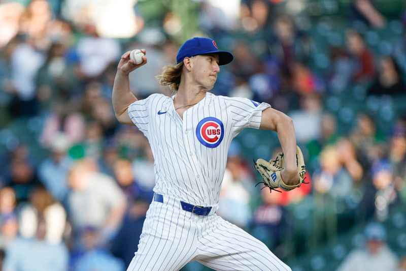 May 13, 2025; Chicago, Illinois, USA; Chicago Cubs starting pitcher Ben Brown (32) delivers a pitch against the Miami Marlins during the first inning at Wrigley Field. Mandatory Credit: Kamil Krzaczynski-Imagn Images