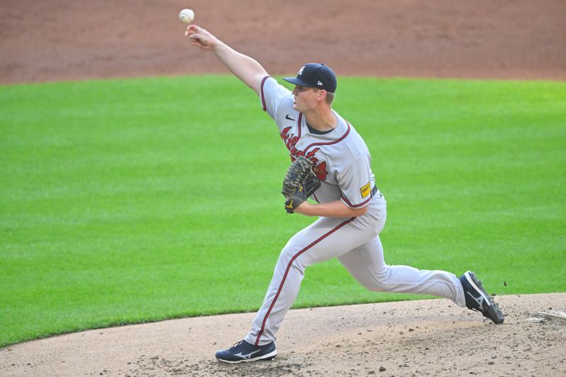 Jul 5, 2023; Cleveland, Ohio, USA; Atlanta Braves starting pitcher Michael Soroka (40) delivers a pitch in the first inning against the Cleveland Guardians at Progressive Field. Mandatory Credit: David Richard-USA TODAY Sports