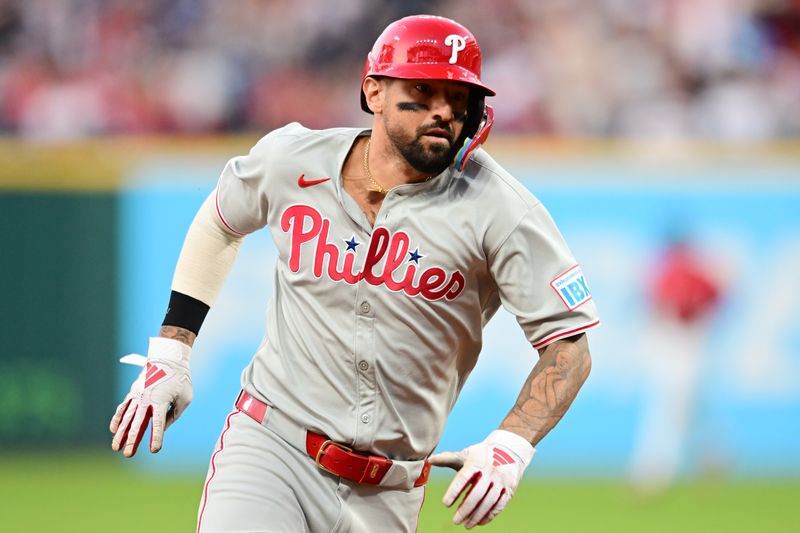 May 10, 2025; Cleveland, Ohio, USA; Philadelphia Phillies right fielder Nick Castellanos (8) rounds third base en route to scoring during the eighth inning against the Cleveland Guardians at Progressive Field. Mandatory Credit: Ken Blaze-Imagn Images