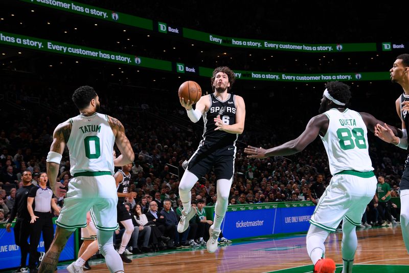 BOSTON, MA - JANUARY 17: Cedi Osman #16 of the San Antonio Spurs drives to the basket during the game against the Boston Celtics on January 17, 2024 at the TD Garden in Boston, Massachusetts. NOTE TO USER: User expressly acknowledges and agrees that, by downloading and or using this photograph, User is consenting to the terms and conditions of the Getty Images License Agreement. Mandatory Copyright Notice: Copyright 2024 NBAE  (Photo by Brian Babineau/NBAE via Getty Images)