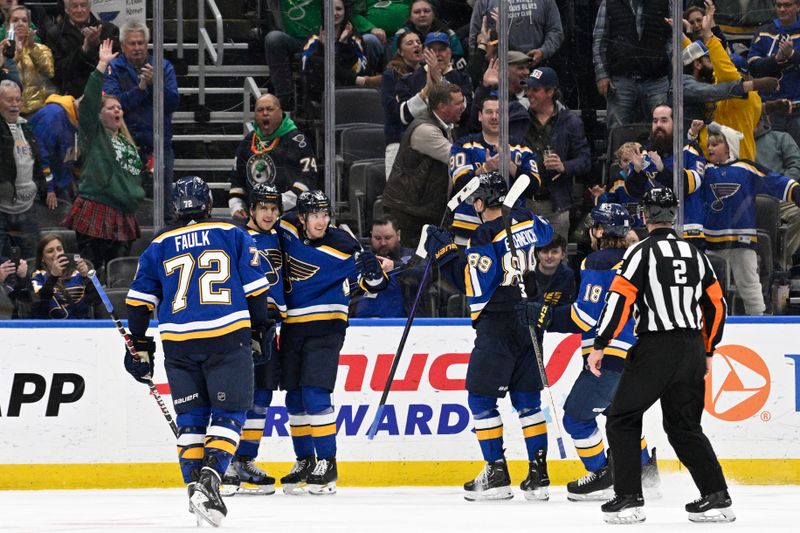 Mar 17, 2024; St. Louis, Missouri, USA; St. Louis Blues left wing Jake Neighbours (63) is congratulated by teammates after scoring a goal against the Anaheim Ducks during the third period at Enterprise Center. Mandatory Credit: Jeff Le-USA TODAY Sports