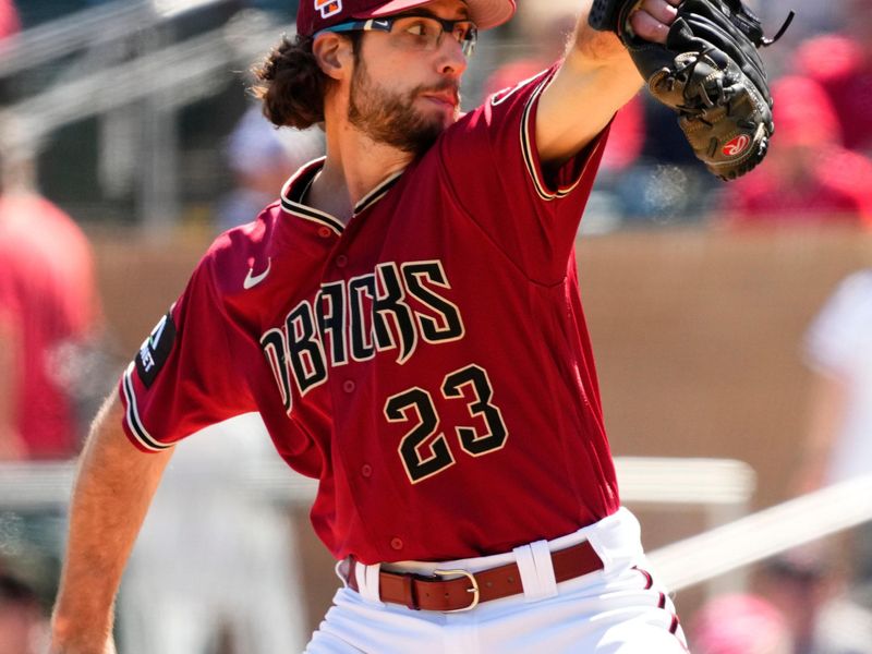 Mar 24, 2023; Scottsdale, AZ, USA; Arizona Diamondbacks starting pitcher Zac Gallen (23) throws to the Cincinnati Reds in the first inning during a spring training game at Salt River Fields.  Mandatory Credit: Rob Schumacher-Arizona Republic via USA TODAY Sports