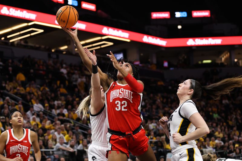 Mar 5, 2023; Minneapolis, MINN, USA; Ohio State Buckeyes forward Cotie McMahon (32) shoots against the Iowa Hawkeyes during the second half at Target Center. Mandatory Credit: Matt Krohn-USA TODAY Sports