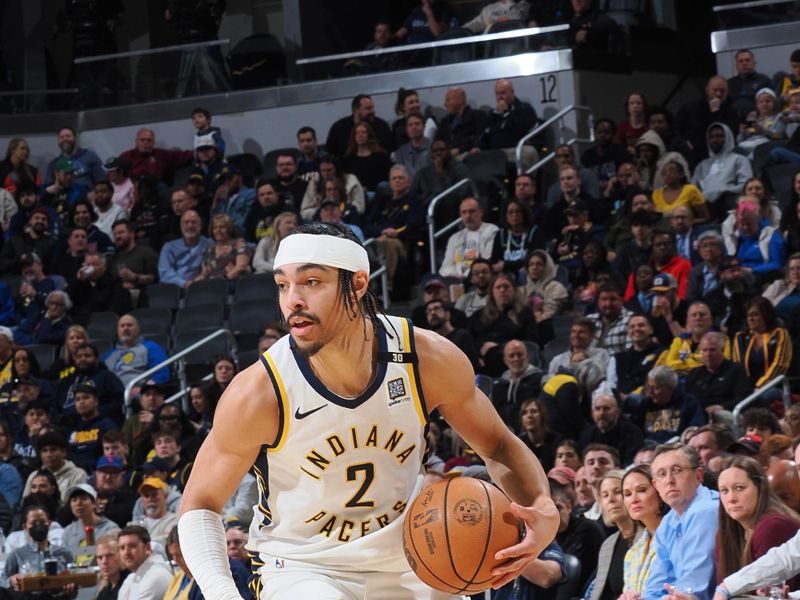 INDIANAPOLIS, IN - MARCH 18:  Andrew Nembhard #2 of the Indiana Pacers goes to the basket during the game on March 18, 2024 at Gainbridge Fieldhouse in Indianapolis, Indiana. NOTE TO USER: User expressly acknowledges and agrees that, by downloading and or using this Photograph, user is consenting to the terms and conditions of the Getty Images License Agreement. Mandatory Copyright Notice: Copyright 2024 NBAE (Photo by Ron Hoskins/NBAE via Getty Images)