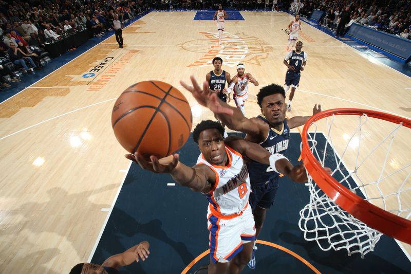 NEW YORK, NY - DECEMBER 1: OG Anunoby #8 of the New York Knicks drives to the basket during the game against the New Orleans Pelicans on December 1, 2024 at Madison Square Garden in New York City, New York.  NOTE TO USER: User expressly acknowledges and agrees that, by downloading and or using this photograph, User is consenting to the terms and conditions of the Getty Images License Agreement. Mandatory Copyright Notice: Copyright 2024 NBAE  (Photo by Nathaniel S. Butler/NBAE via Getty Images)