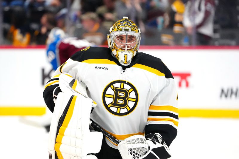 Oct 16, 2024; Denver, Colorado, USA; Boston Bruins goaltender Jeremy Swayman (1) before the game against the Colorado Avalanche at Ball Arena. Mandatory Credit: Ron Chenoy-Imagn Images