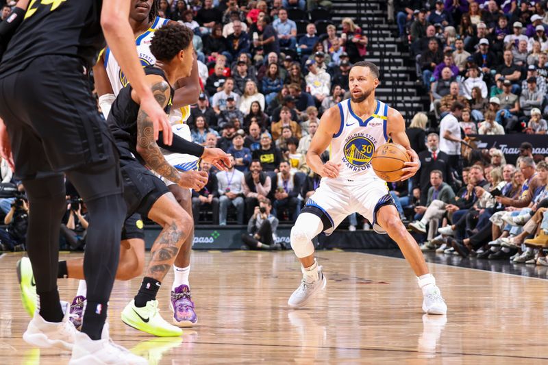 SALT LAKE CITY, UT - OCTOBER 25: Stephen Curry #30 of the Golden State Warriors dribbles the ball during the game on October 25, 2024 at Delta Center in Salt Lake City, Utah. NOTE TO USER: User expressly acknowledges and agrees that, by downloading and or using this Photograph, User is consenting to the terms and conditions of the Getty Images License Agreement. Mandatory Copyright Notice: Copyright 2024 NBAE (Photo by Melissa Majchrzak/NBAE via Getty Images)