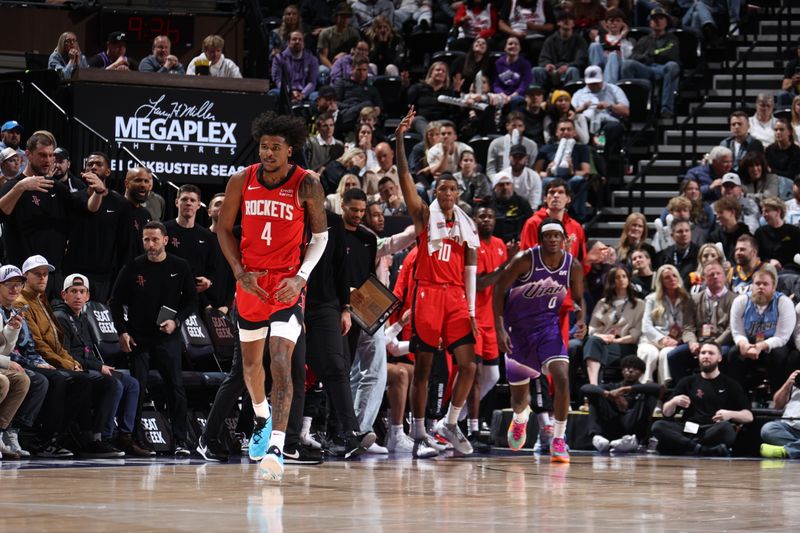 SALT LAKE CITY, UT - MARCH 29: Jalen Green #4 of the Houston Rockets celebrates during the game against the Utah Jazz on March 29, 2024 at Delta Center in Salt Lake City, Utah. NOTE TO USER: User expressly acknowledges and agrees that, by downloading and or using this Photograph, User is consenting to the terms and conditions of the Getty Images License Agreement. Mandatory Copyright Notice: Copyright 2024 NBAE (Photo by Melissa Majchrzak/NBAE via Getty Images)