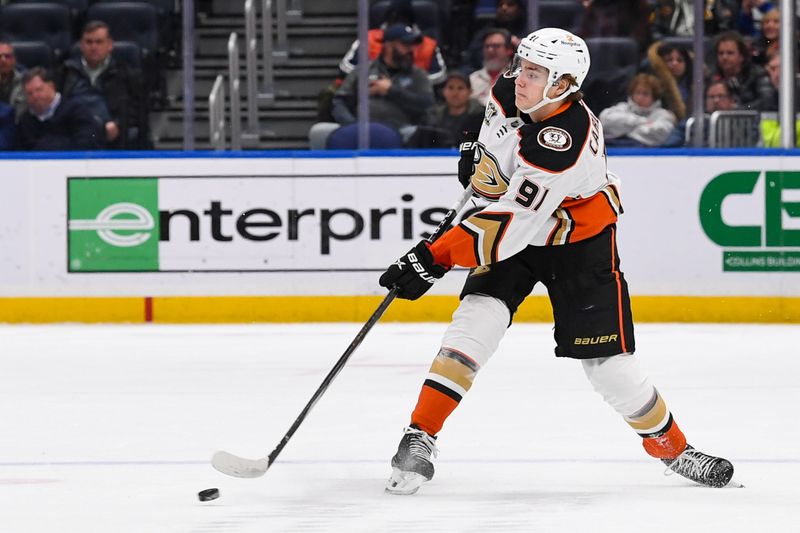 Dec 13, 2023; Elmont, New York, USA; Anaheim Ducks center Isac Lundestrom (21) makes a pass against the New York Islanders during the first period at UBS Arena. Mandatory Credit: Dennis Schneidler-USA TODAY Sports