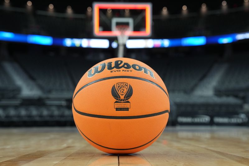 Mar 15, 2024; Las Vegas, NV, USA; A NCAA Wilson evo NXT official game basketball with the Pac-12 Conference logo at T-Mobile Arena. Mandatory Credit: Kirby Lee-USA TODAY Sports