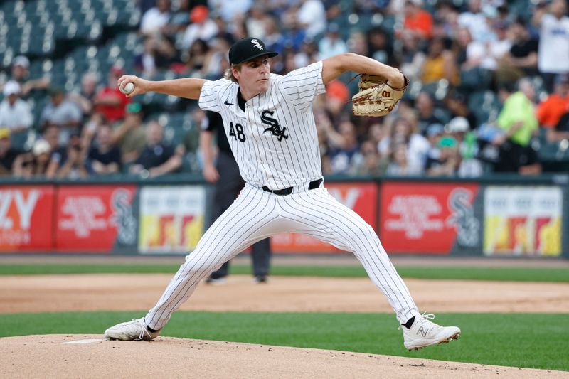 Jun 18, 2024; Chicago, Illinois, USA; Chicago White Sox starting pitcher Jonathan Cannon (48) delivers a pitch against the Houston Astros during the first inning at Guaranteed Rate Field. Mandatory Credit: Kamil Krzaczynski-USA TODAY Sports