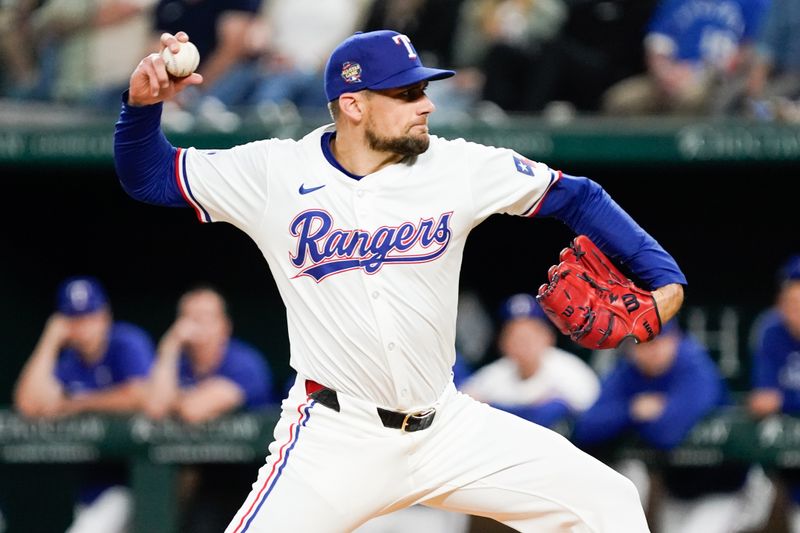 Apr 9, 2024; Arlington, Texas, USA; Texas Rangers pitcher Nathan Eovaldi (17) delivers to the plate during the first inning against the Oakland Athletics at Globe Life Field. Mandatory Credit: Raymond Carlin III-USA TODAY Sports