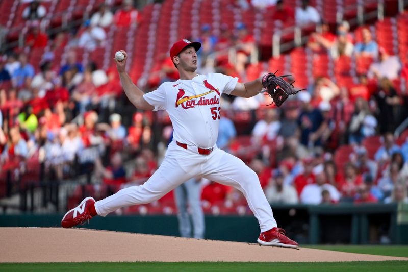 Jun 9, 2025; St. Louis, Missouri, USA;  St. Louis Cardinals starting pitcher Andre Pallante (53) pitches against the Toronto Blue Jays during the first inning at Busch Stadium. Mandatory Credit: Jeff Curry-Imagn Images