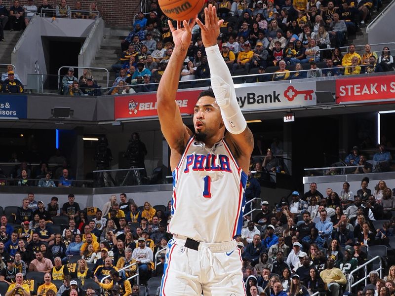 INDIANAPOLIS, IN - OCTOBER 27: KJ Martin #1 of the Philadelphia 76ers three point basket during the game against the Indiana Pacers on October 27, 2024 at Gainbridge Fieldhouse in Indianapolis, Indiana. NOTE TO USER: User expressly acknowledges and agrees that, by downloading and or using this Photograph, user is consenting to the terms and conditions of the Getty Images License Agreement. Mandatory Copyright Notice: Copyright 2024 NBAE (Photo by Ron Hoskins/NBAE via Getty Images)