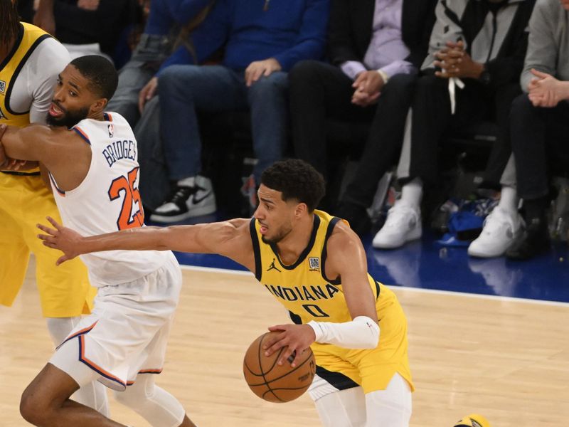 NEW YORK, NY - MAY 21: Tyrese Haliburton #0 of the Indiana Pacers drives to the basket during the game against the New York Knicks during Game One of the 2025 Eastern Conference Finals on May 21, 2025 at Madison Square Garden in New York City, New York.  NOTE TO USER: User expressly acknowledges and agrees that, by downloading and or using this photograph, User is consenting to the terms and conditions of the Getty Images License Agreement. Mandatory Copyright Notice: Copyright 2025 NBAE  (Photo by David Dow/NBAE via Getty Images)