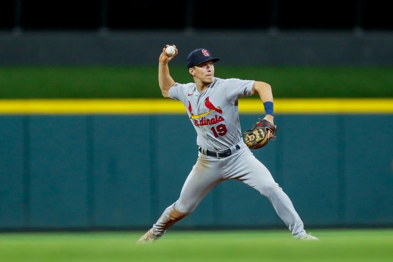 Sep 8, 2023; Cincinnati, Ohio, USA; St. Louis Cardinals shortstop Tommy Edman (19) throws to first to get Cincinnati Reds third baseman Noelvi Marte (not pictured) out in the seventh inning at Great American Ball Park. Mandatory Credit: Katie Stratman-USA TODAY Sports