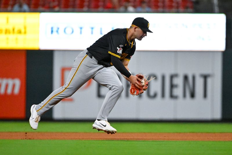 Sep 16, 2024; St. Louis, Missouri, USA;  Pittsburgh Pirates second baseman Nick Yorke (38) fields a ground ball against the St. Louis Cardinals during the fourth inning of his Major League debut during the fourth inning at Busch Stadium. Mandatory Credit: Jeff Curry-Imagn Images