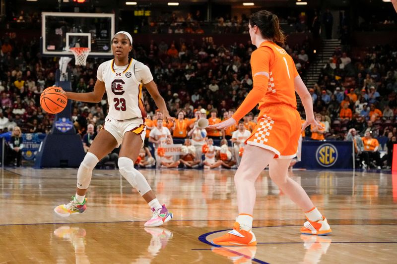 Mar 9, 2024; Greensville, SC, USA; South Carolina Gamecocks guard Bree Hall (23) dribbles against Tennessee Lady Vols guard Sara Puckett (1) during the second half at Bon Secours Wellness Arena. Mandatory Credit: Jim Dedmon-USA TODAY Sports