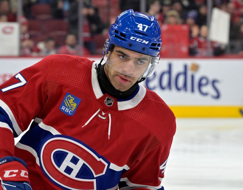 Dec 4, 2023; Montreal, Quebec, CAN; Montreal Canadiens defenseman Jayden Struble (47) skates during the warmup period before the game against the Seattle Kraken at the Bell Centre. Mandatory Credit: Eric Bolte-USA TODAY Sports