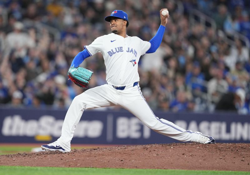 Apr 17, 2024; Toronto, Ontario, CAN; Toronto Blue Jays relief pitcher Génesis Cabrera (92) throws a pitch against the New York Yankees during the eighth inning at Rogers Centre. Mandatory Credit: Nick Turchiaro-USA TODAY Sports