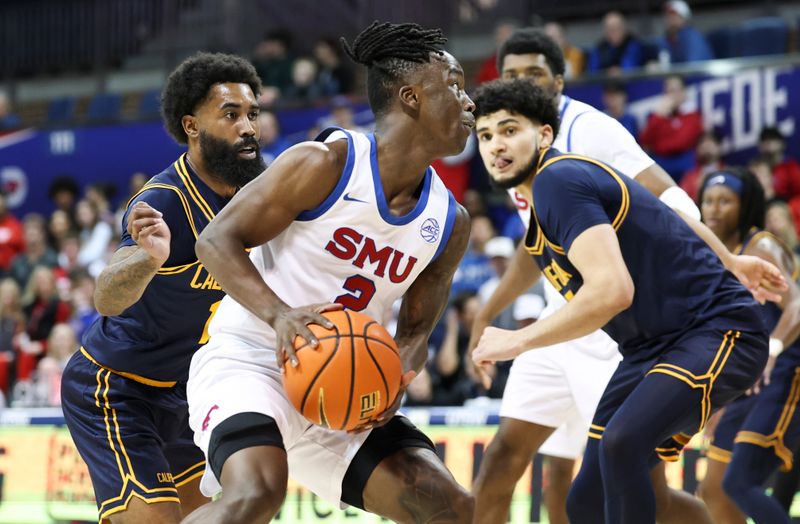 Jan 29, 2025; Dallas, Texas, USA;  Southern Methodist Mustangs guard Boopie Miller (2) drives to the basket as California Golden Bears forward Spencer Mahoney (7) defends during the first half at Moody Coliseum. Mandatory Credit: Kevin Jairaj-Imagn Images