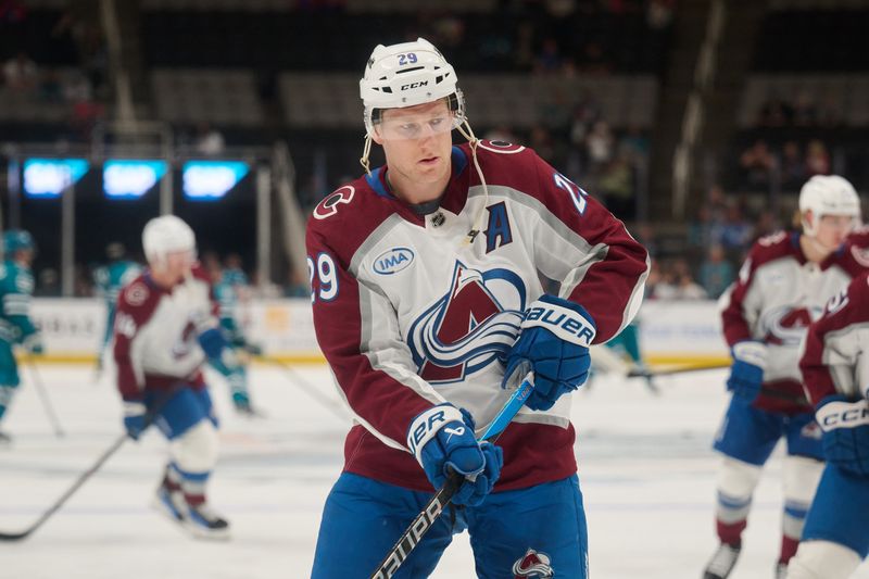 Oct 20, 2024; San Jose, California, USA; Colorado Avalanche center Nathan MacKinnon (29) warms up on the ice before the game between the San Jose Sharks and the Colorado Avalanche at SAP Center at San Jose. Mandatory Credit: Robert Edwards-Imagn Images