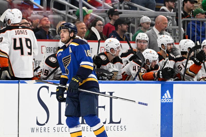 Mar 17, 2024; St. Louis, Missouri, USA; St. Louis Blues center Robert Thomas (18) looks on after scoring a goal against the Anaheim Ducks during the third period at Enterprise Center. Mandatory Credit: Jeff Le-USA TODAY Sports