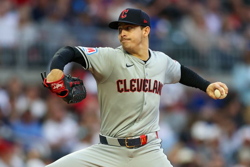 Apr 26, 2024; Atlanta, Georgia, USA; Cleveland Guardians starting pitcher Logan Allen (41) throws against the Atlanta Braves in the first inning at Truist Park. Mandatory Credit: Brett Davis-USA TODAY Sports