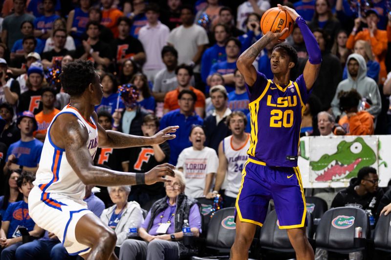 Feb 13, 2024; Gainesville, Florida, USA; LSU Tigers forward Daimion Collins (10) attempts a three-point shot over Florida Gators forward Tyrese Samuel (4) during the first half at Exactech Arena at the Stephen C. O'Connell Center. Mandatory Credit: Matt Pendleton-USA TODAY Sports