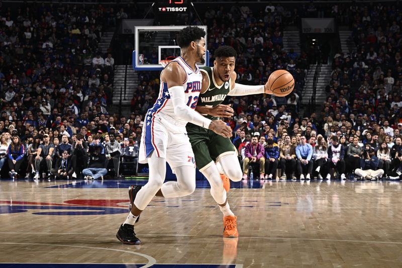 PHILADELPHIA, PA - FEBRUARY 25: Giannis Antetokounmpo #34 of the Milwaukee Bucks drives to the basket during the game against the Philadelphia 76ers on February 25, 2024 at the Wells Fargo Center in Philadelphia, Pennsylvania NOTE TO USER: User expressly acknowledges and agrees that, by downloading and/or using this Photograph, user is consenting to the terms and conditions of the Getty Images License Agreement. Mandatory Copyright Notice: Copyright 2024 NBAE (Photo by David Dow/NBAE via Getty Images)