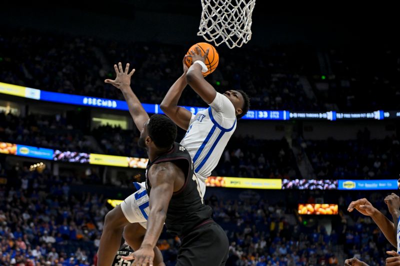 Mar 15, 2024; Nashville, TN, USA; Texas A&M Aggies guard Bryce Lindsay (3) shoots and gets fouled against the Texas A&M Aggies during the second half at Bridgestone Arena. Mandatory Credit: Steve Roberts-USA TODAY Sports