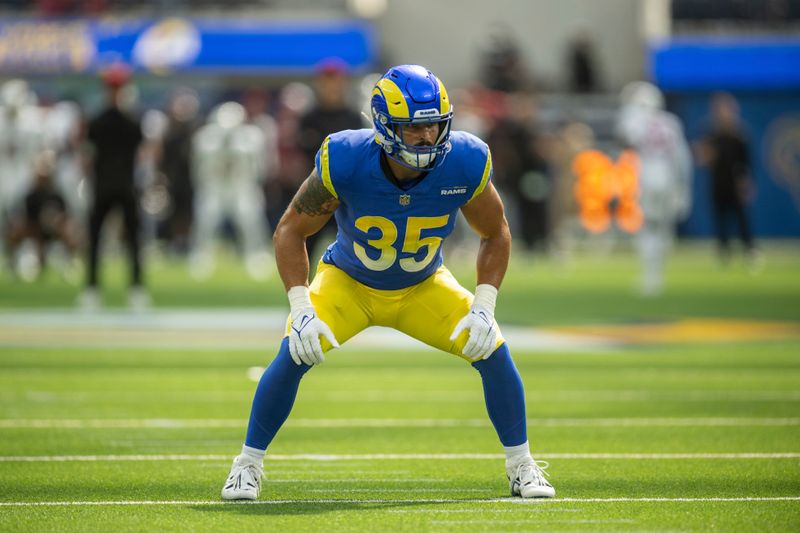 Los Angeles Rams linebacker Jake Hummel (35) takes his stance before an NFL football game against the Arizona Cardinals, Sunday, Oct. 15, 2023, in Inglewood, Calif. (AP Photo/Kyusung Gong)