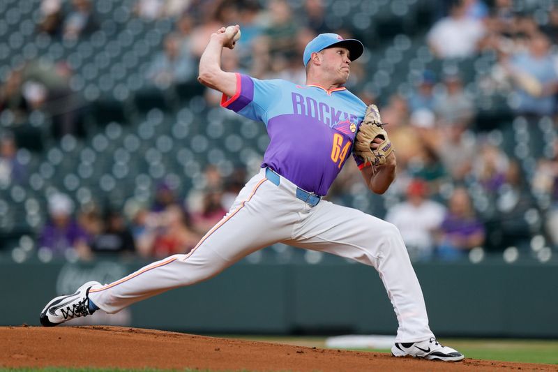 Sep 19, 2025; Denver, Colorado, USA; Colorado Rockies starting pitcher Bradley Blalock (64) pitches in the first inning against the Los Angeles Angels at Coors Field. Mandatory Credit: Isaiah J. Downing-Imagn Images