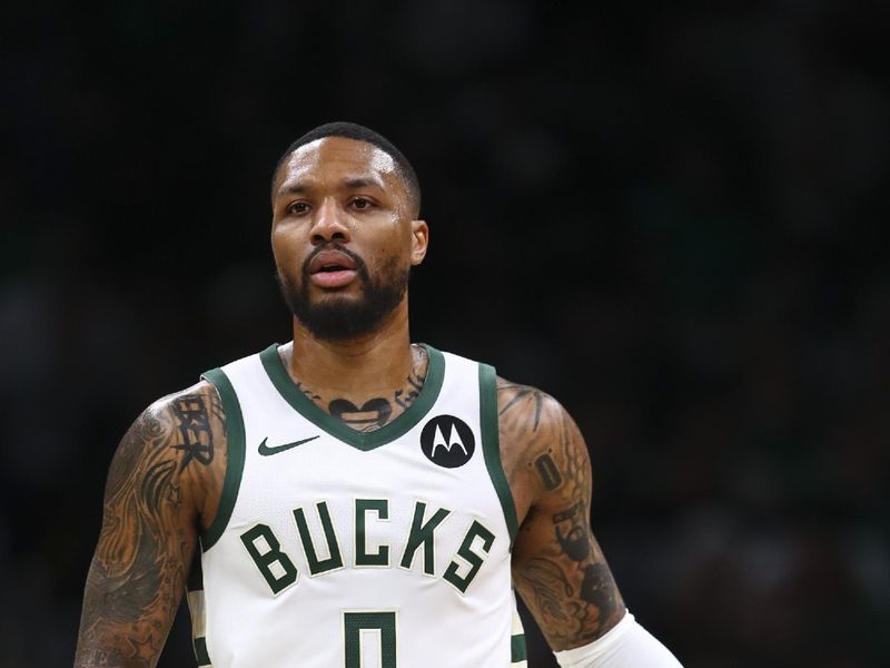 BOSTON, MA - MARCH 20:  Damian Lillard #0 of the Milwaukee Bucks dribbles down court during a game against the Boston Celtics at TD Garden on March 20, 2024 in Boston, Massachusetts. NOTE TO USER: User expressly acknowledges and agrees that, by downloading and or using this photograph, User is consenting to the terms and conditions of the Getty Images License Agreement. (Photo by Adam Glanzman/Getty Images)