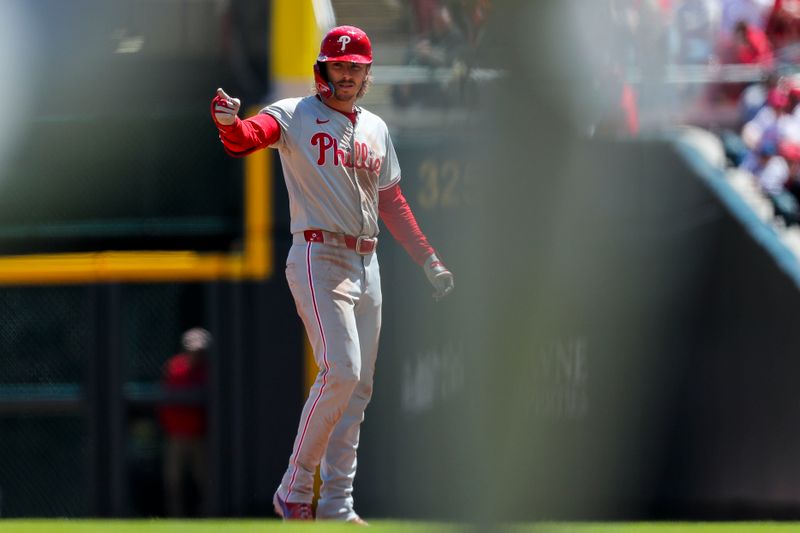 Apr 25, 2024; Cincinnati, Ohio, USA; Philadelphia Phillies second baseman Bryson Stott (5) reacts after hitting a RBI single against the Cincinnati Reds in the sixth inning at Great American Ball Park. Mandatory Credit: Katie Stratman-USA TODAY Sports
