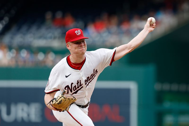 Jul 23, 2024; Washington, District of Columbia, USA; Washington Nationals starting pitcher DJ Herz (74) pitches against the San Diego Padres during the first inning at Nationals Park. Mandatory Credit: Geoff Burke-USA TODAY Sports