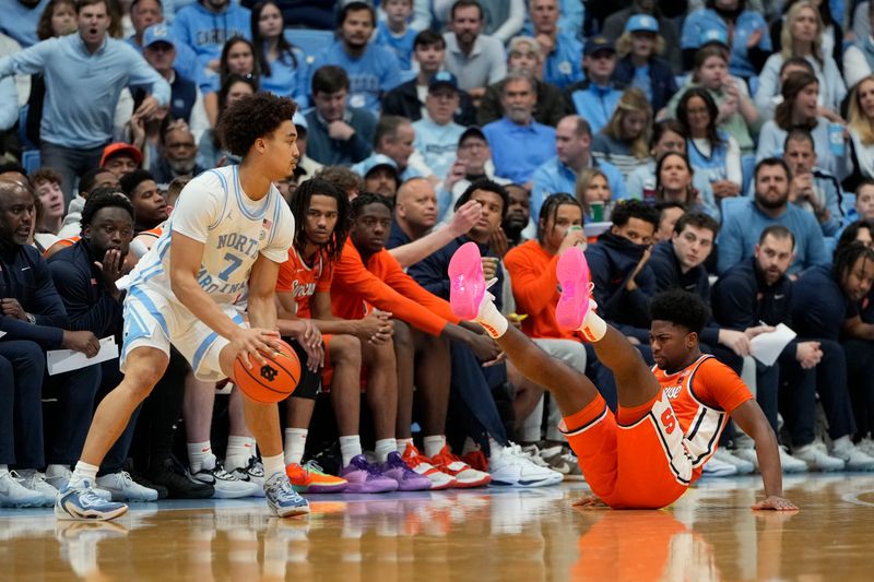 Jan 13, 2024; Chapel Hill, North Carolina, USA;  North Carolina Tar Heels guard Seth Trimble (7) with the ball as Syracuse Orange guard Kyle Cuffe Jr. (0) defends in the first half at Dean E. Smith Center. Mandatory Credit: Bob Donnan-USA TODAY Sports