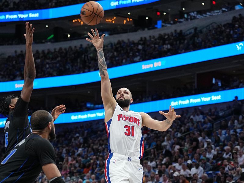 DALLAS, TX - APRIL 12: Evan Fournier #31 of the Detroit Pistons shoots the ball during the game against the Dallas Mavericks on April 12, 2024 at the American Airlines Center in Dallas, Texas. NOTE TO USER: User expressly acknowledges and agrees that, by downloading and or using this photograph, User is consenting to the terms and conditions of the Getty Images License Agreement. Mandatory Copyright Notice: Copyright 2024 NBAE (Photo by Glenn James/NBAE via Getty Images)