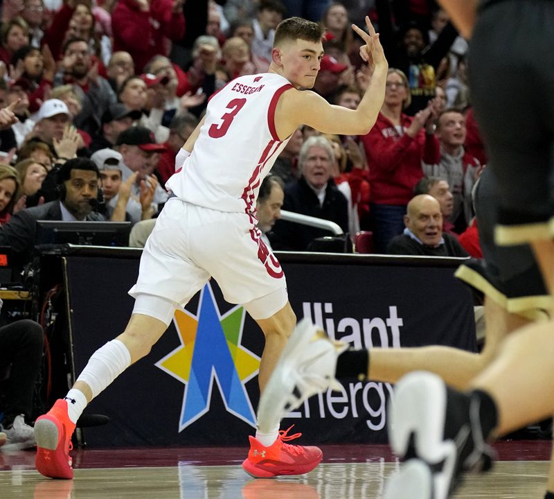 Mar. 2, 2023; Milwaukee, Wisconsin, USA; Wisconsin Badgers guard Connor Essegian (3) celebrates a three-point basket during the second half of their game against the Purdue Boilermakers at Kohl Center. Mandatory Credit: Mark Hoffman-USA TODAY Sports