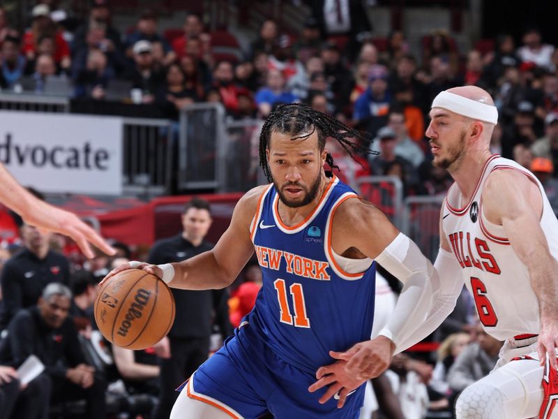 CHICAGO, IL - APRIL 9: Jalen Brunson #11 of the New York Knicks handles the ball during the game against the Chicago Bulls on April 9, 2024 at United Center in Chicago, Illinois. NOTE TO USER: User expressly acknowledges and agrees that, by downloading and or using this photograph, User is consenting to the terms and conditions of the Getty Images License Agreement. Mandatory Copyright Notice: Copyright 2024 NBAE (Photo by Jeff Haynes/NBAE via Getty Images)