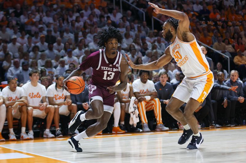 Feb 24, 2024; Knoxville, Tennessee, USA; Texas A&M Aggies forward Solomon Washington (13) moves the ball against Tennessee Volunteers guard Josiah-Jordan James (30) during the first half at Thompson-Boling Arena at Food City Center. Mandatory Credit: Randy Sartin-USA TODAY Sports