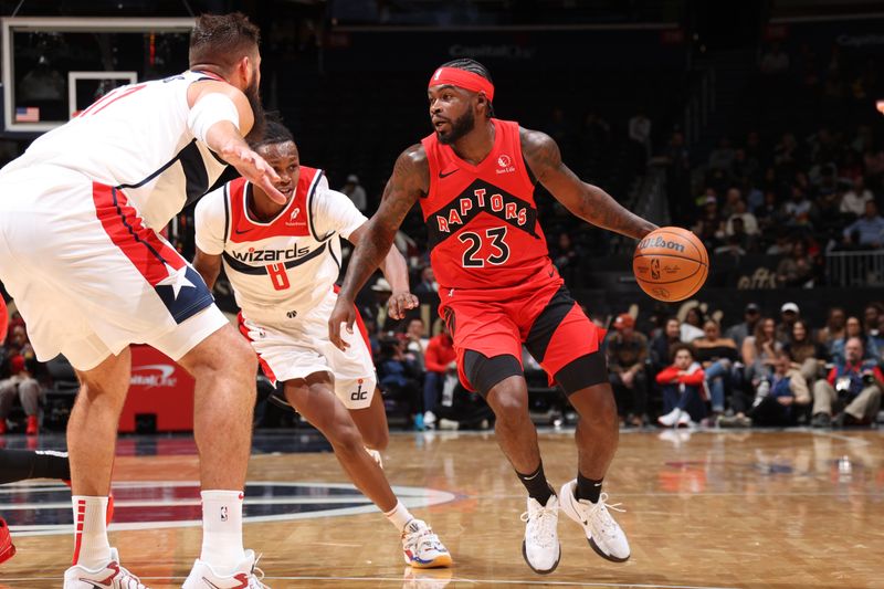 WASHINGTON, DC -? OCTOBER 11: Jamal Shead #23 of the Toronto Raptors drives to the basket during the game against the Washington Wizards during a NBA preseason game on October 11, 2024 at Capital One Arena in Washington, DC. NOTE TO USER: User expressly acknowledges and agrees that, by downloading and or using this Photograph, user is consenting to the terms and conditions of the Getty Images License Agreement. Mandatory Copyright Notice: Copyright 2024 NBAE (Photo by Stephen Gosling/NBAE via Getty Images)