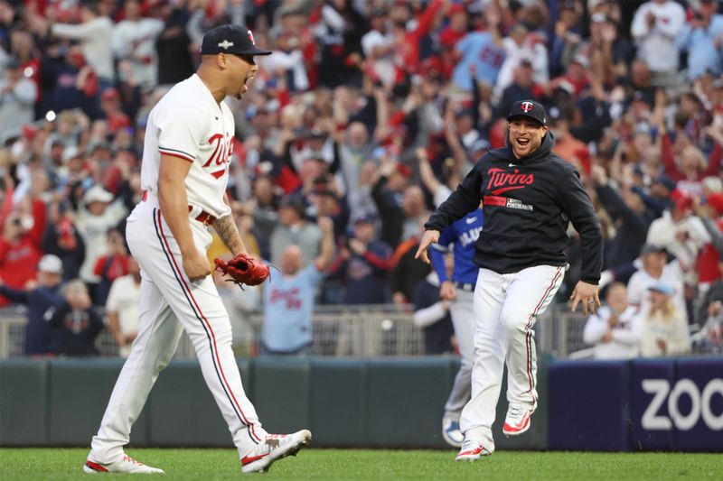 Oct 4, 2023; Minneapolis, Minnesota, USA; Minnesota Twins relief pitcher Jhoan Duran (59) celebrates after defeating Toronto Blue Jays during game two of the Wildcard series for the 2023 MLB playoffs at Target Field. Mandatory Credit: Jesse Johnson-USA TODAY Sports