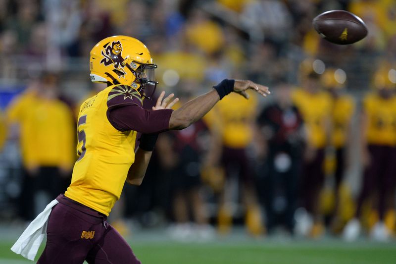 Sep 25, 2021; Tempe, Arizona, USA; Arizona State Sun Devils quarterback Jayden Daniels (5) throws a pass against the Colorado Buffaloes during the second half at Sun Devil Stadium. Mandatory Credit: Joe Camporeale-USA TODAY Sports